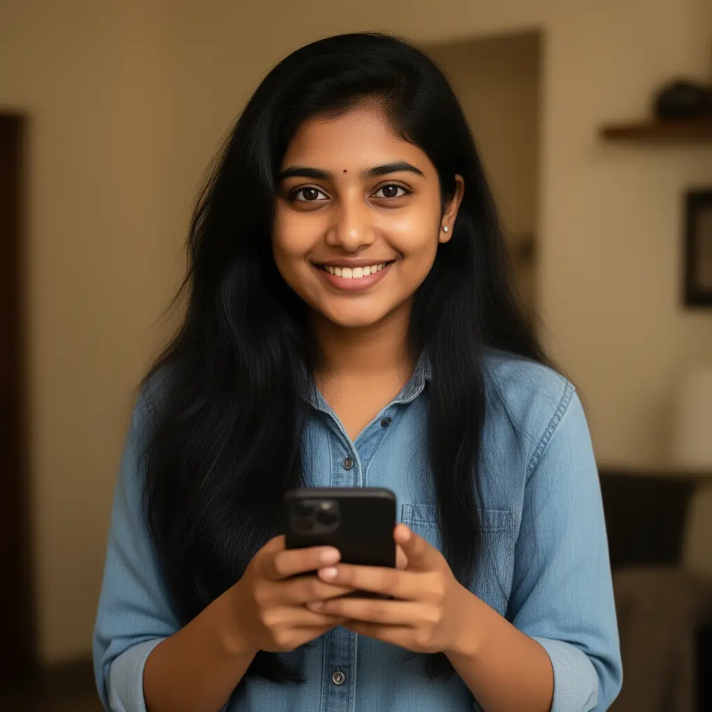 VC999 App – A smooth and enjoyable mobile casino experience for players in Bangladesh Young Bangladeshi woman smiling while using the VC999 casino app on her smartphone in a cozy indoor setting
