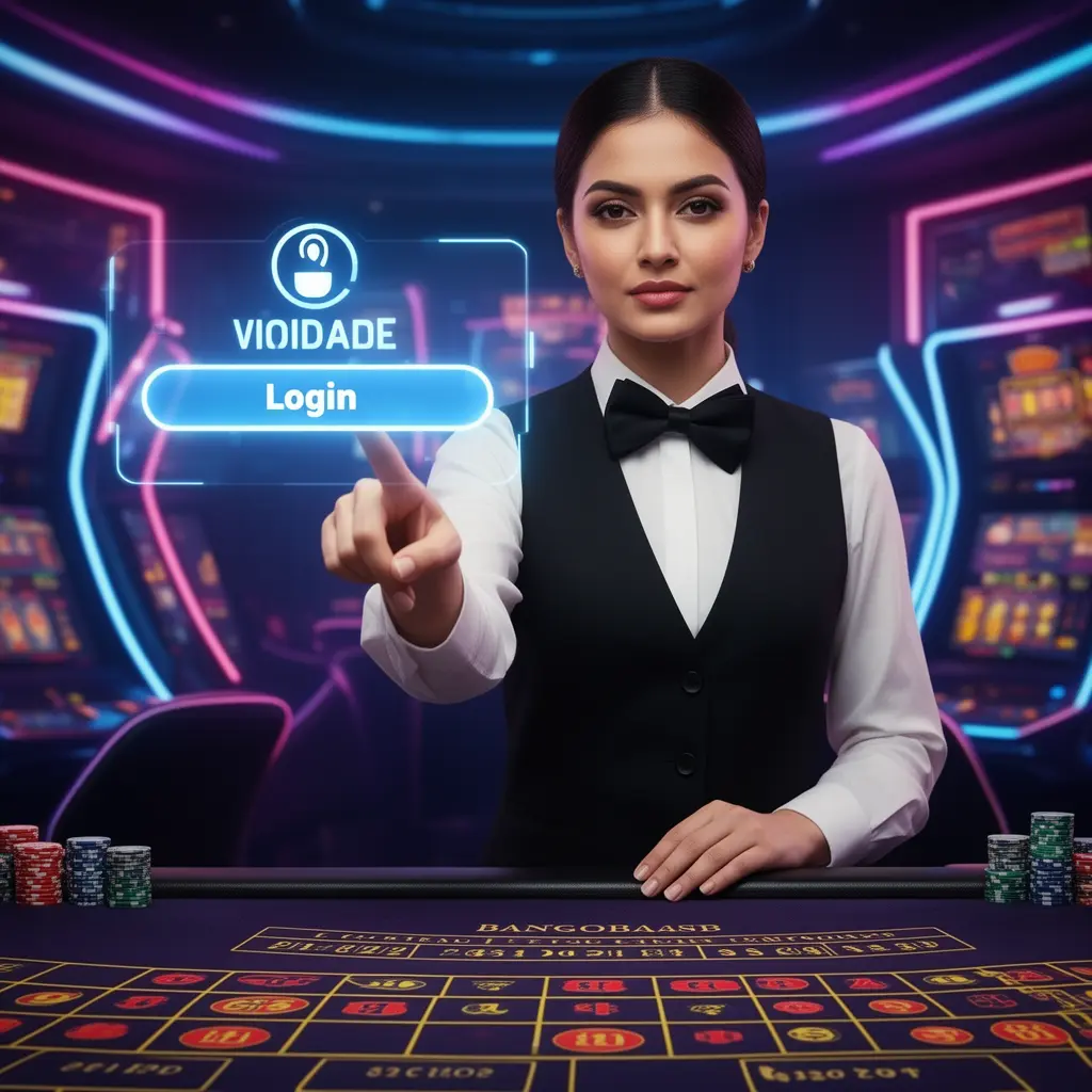 VC999 Login – Secure and fast access to your gaming account in Bangladesh Confident Bangladeshi casino staff member pointing at a virtual login button inside a neon lit VC999 digital casino environment
